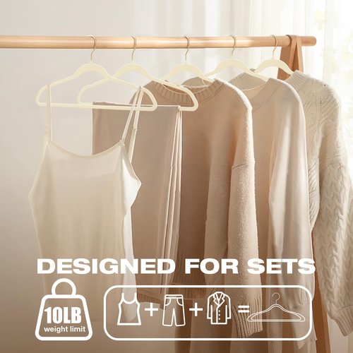 Uinicor 50 Pack Beige Velvet Hangers,Non Slip,Heavy-Duty,Slim,Space Saving,with Felt Surface and Gold 360°Swivel Hook,for Pants,Outfit,Skirts,Suits,Coats,Dresses ect.