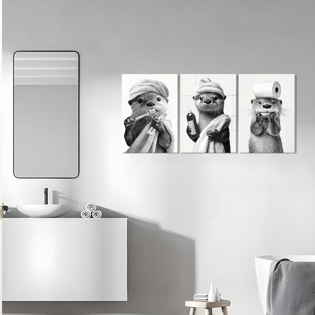 Otter Canvas Wall Art Set by Cute Bathroom | Funny Black and White Decor for Restroom | Ready to Hang 12x16 Inch
