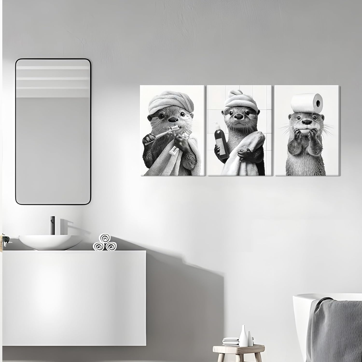 Otter Canvas Wall Art Set by Cute Bathroom | Funny Black and White Decor for Restroom | Ready to Hang 12x16 Inch