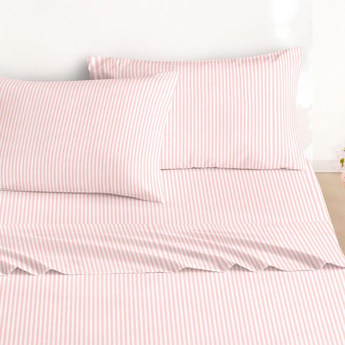 Wake In Cloud - Striped Bed Sheets, 4-Piece Sheet Set, Ticking Vertical Pin Stripe Modern Farmhouse Pattern Printed Bedding, Deep Pocket, Pink White, Full Size