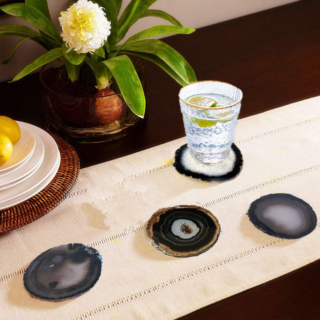 JIC Gem 3.5-4'' Natural Agate Coasters Dyed Black Sliced Geode Polished for Coffee Cup Home Decoration with Rubber Bumpers Home Decoration Set of 4