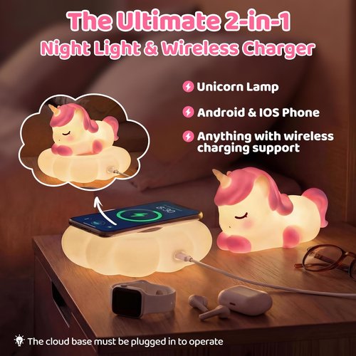 Mewaii Cloud Unicorn Night Light for Kids, Portable Lamp with Wireless Charging Cloud Base, 3-Level Dimmable & 30-Min Auto Timer, Gift for Girls, Baby Nursery Decoration