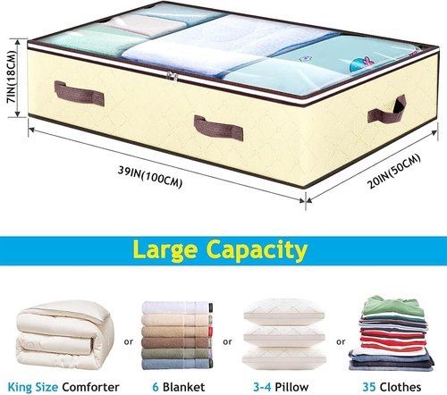 90L Under Bed Storage Containers - Organize Toys & Clothing | Clear Window, 2 Pack Beige