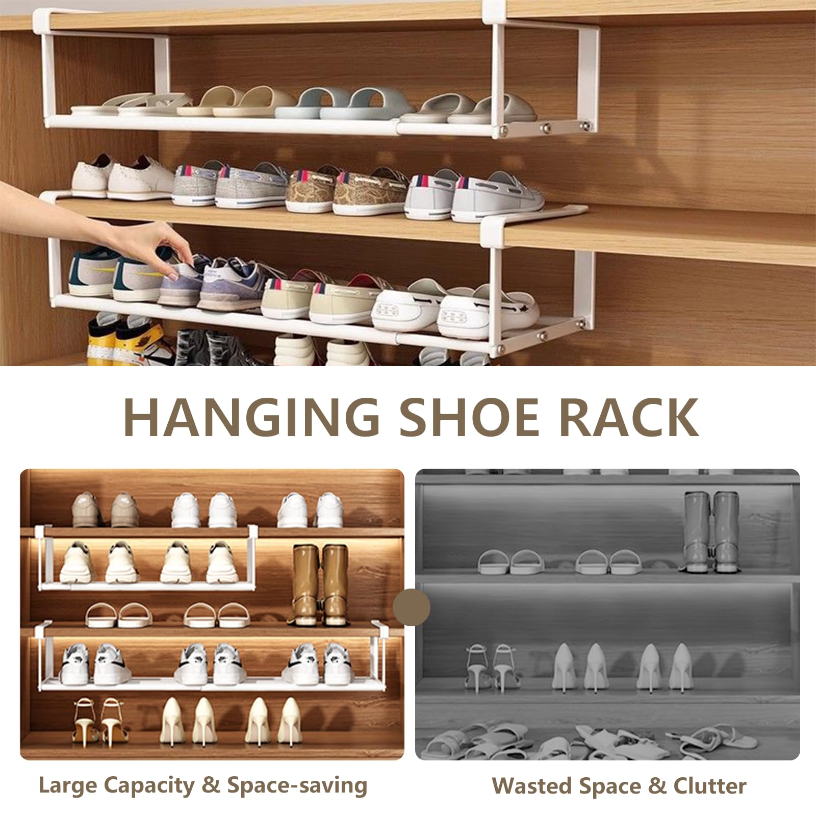 UFORU Expandable Hanging Shoe Rack Organizer for Closet, Adjustable Shoe Rack Under Cabinet Shelf, Versatile Under Shelf Storage for Kitchen, Book, Clothing Storage and Organization(White,2PCS)