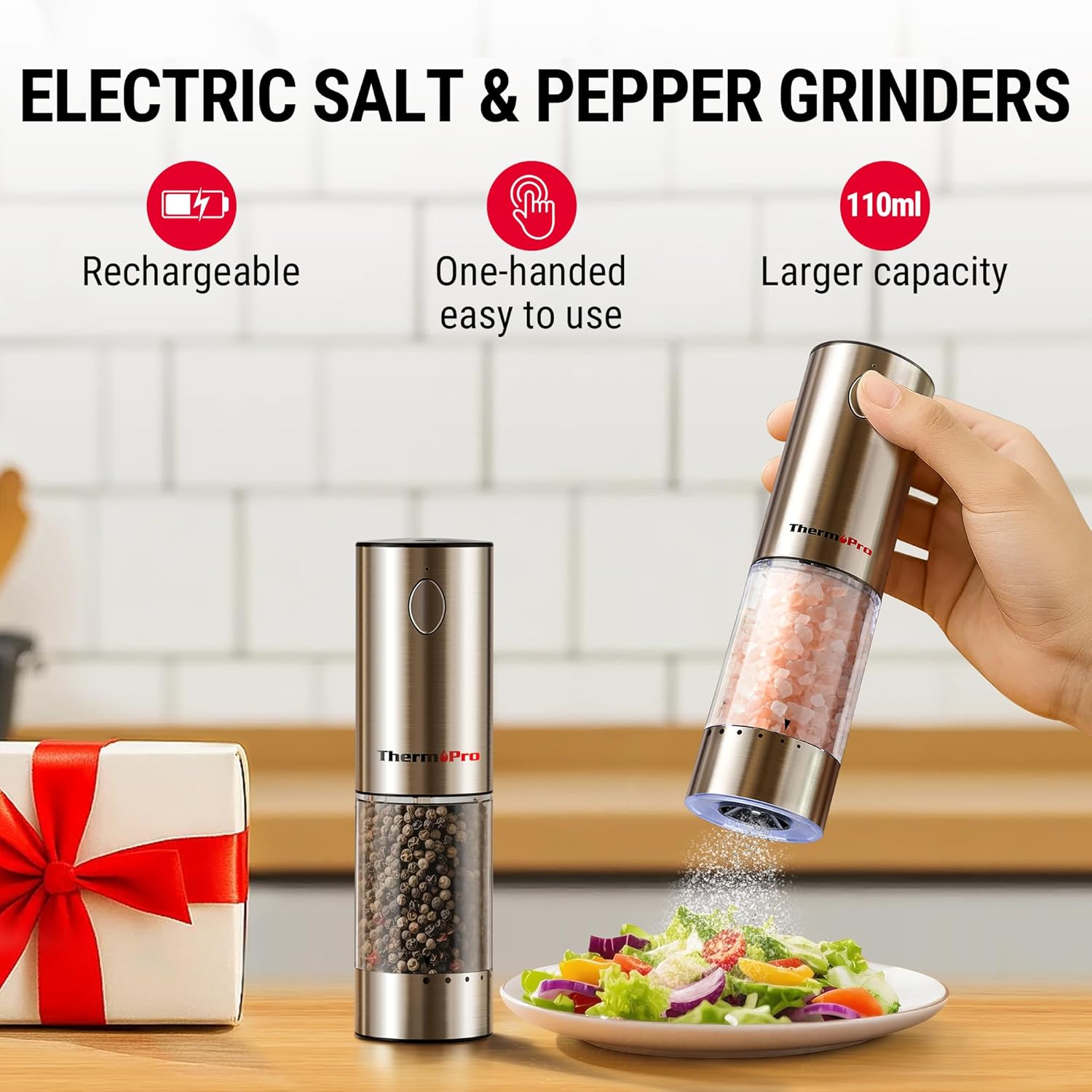 ThermoPro TP19H Digital Meat Thermometer - Ambidextrous Backlit Display for Perfect Cooking | Rechargeable Salt and Pepper Grinder Set