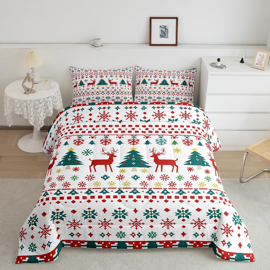Reindeer Snowflake Comforter Set King Size,Abstract Christmas Tree Duvet Insert for Kids Boys Girls Room Decor,Bohemian Geometric Pattern Bedding Set 3Pcs,Merry Christmas Quilt Set,2 Pillowcases