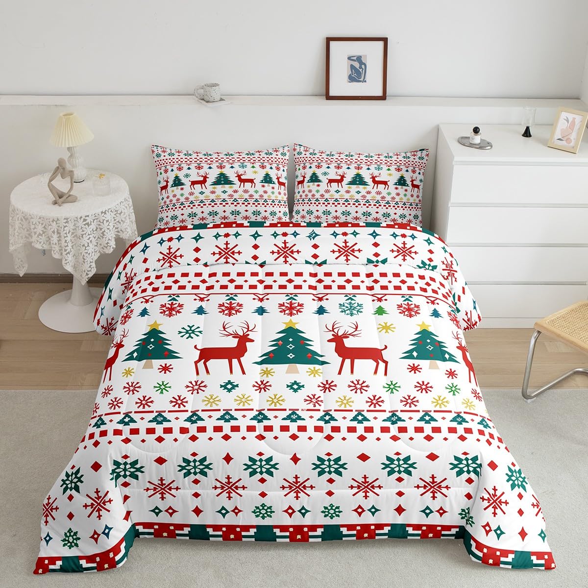 Reindeer Snowflake Comforter Set King Size,Abstract Christmas Tree Duvet Insert for Kids Boys Girls Room Decor,Bohemian Geometric Pattern Bedding Set 3Pcs,Merry Christmas Quilt Set,2 Pillowcases