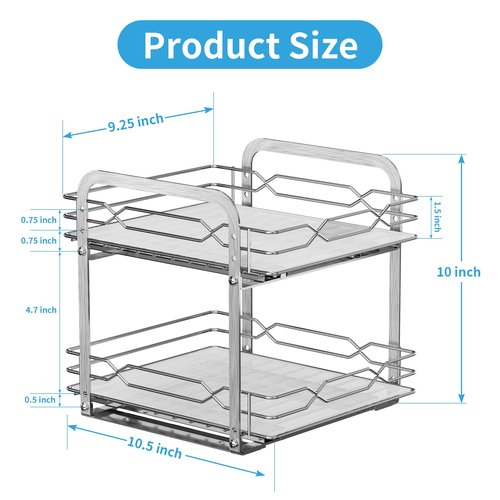 BOIVSHI Pull Out Spice Rack, 2 Tier Spice Organization for Cabinet, Heavy Duty Spice Rack, 9-1/4 inch Wide - Spice Racks for Inside Cabinets, Kitchen, Pantry - Chrome, 9.25”W x 10.39”D x 9.76”H