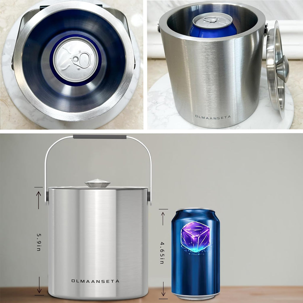 Small Ice Bucket with Lid and Tongs,1.3L Portable Mini Double Walled Ice Cube Bucket for Cocktail Bar Stainless Steel Cute Insulated Ice Buckets for Parties