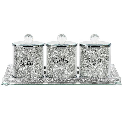 Topsky Coffee Sugar Tea Crystal Canister Set of 4,Sparkly Crystal Crushed Diamonds Home Decor,Silver Kitchen Coffee Jar Storage Set with Label & Lid,Storage Container Set for Countertop,Dining Room