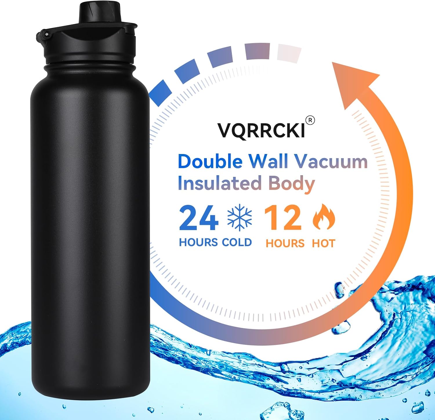Skiennix 40 Oz Insulated Water Bottle - Stainless Steel, Leakproof, BPA-Free | Black with 2 Lids
