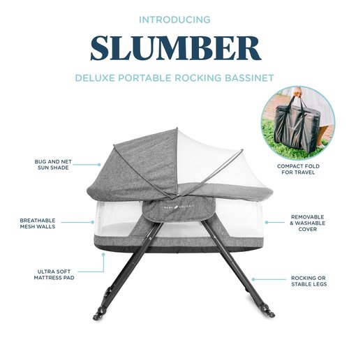 Baby Delight Slumber Deluxe Rocking Bassinet, Portable Baby Bassinet, Removable Canopy, Charcoal Tweed