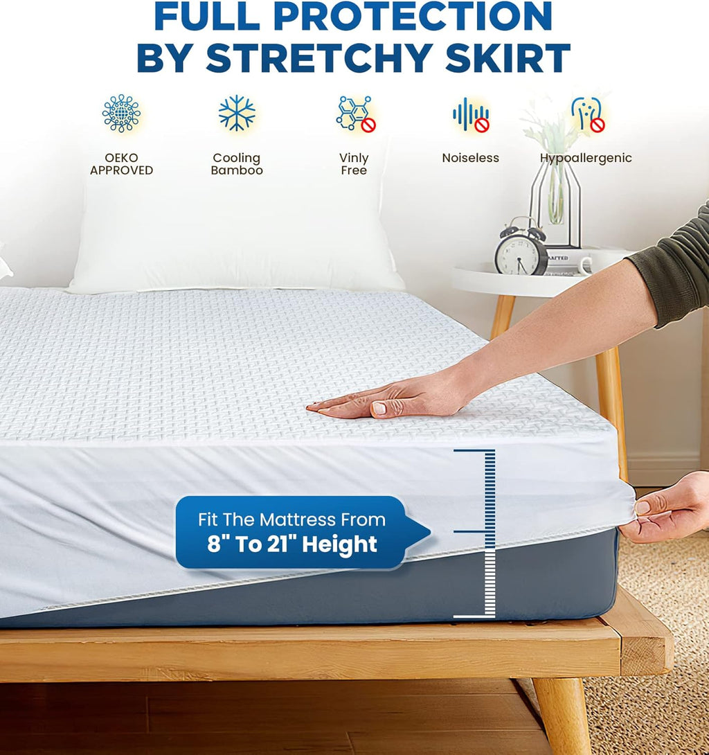 Skiennix 100% Waterproof Queen Mattress Protector - Breathable Cooling Hypoallergenic Cover | 8-21'' Deep Pocket