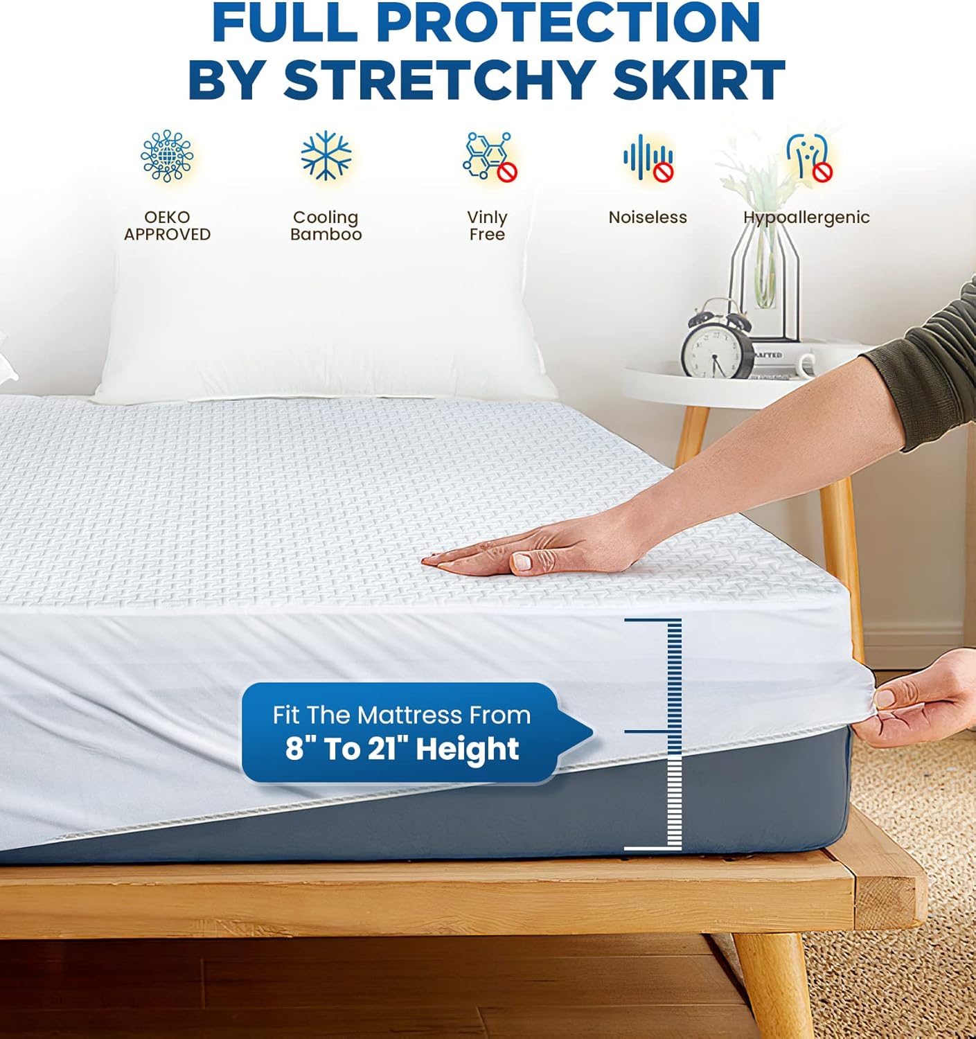 Skiennix 100% Waterproof Queen Mattress Protector - Breathable Cooling Hypoallergenic Cover | 8-21'' Deep Pocket