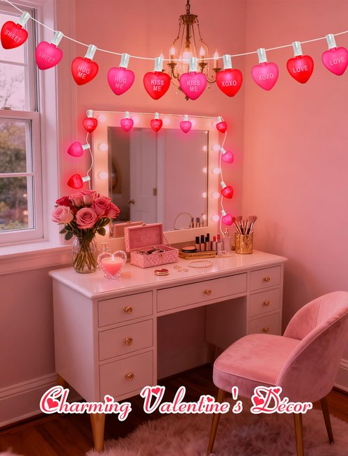 Hobbynors 10.5ft Heart String Lights with 10 LED Red & Pink Hearts, Messages: KISS ME/Love. Connectable, Waterproof Valentine's/Bedroom/Wedding/Dorm/Patio Decor. Plug-in, No Batteries.