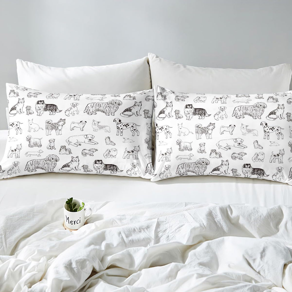 Cartoon Dog Fitted Sheet Queen Size Black White Dog Puppy Sketch Bedding Set 3Pcs for Kids Girls Boys Adult Room Decor Cute Pet Animals Bed Sheet Soft Lightweight Deep Pocket Sheet,2 Pillowcase