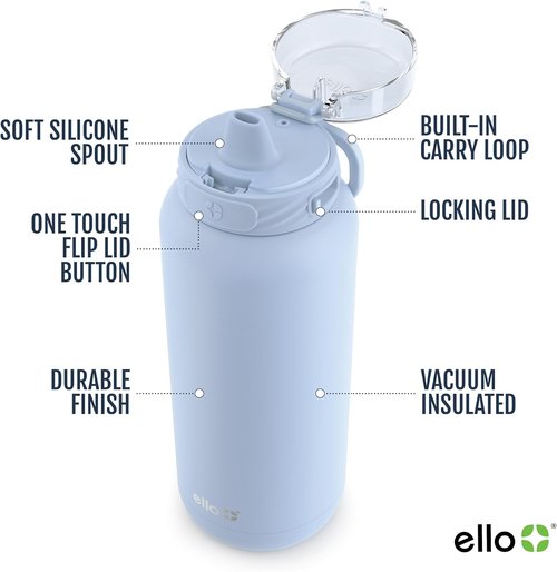Ello Cooper 40oz Stainless Steel Water Bottle - Double Walled, Vacuum Insulated, Leak Proof, Halogen Blue
