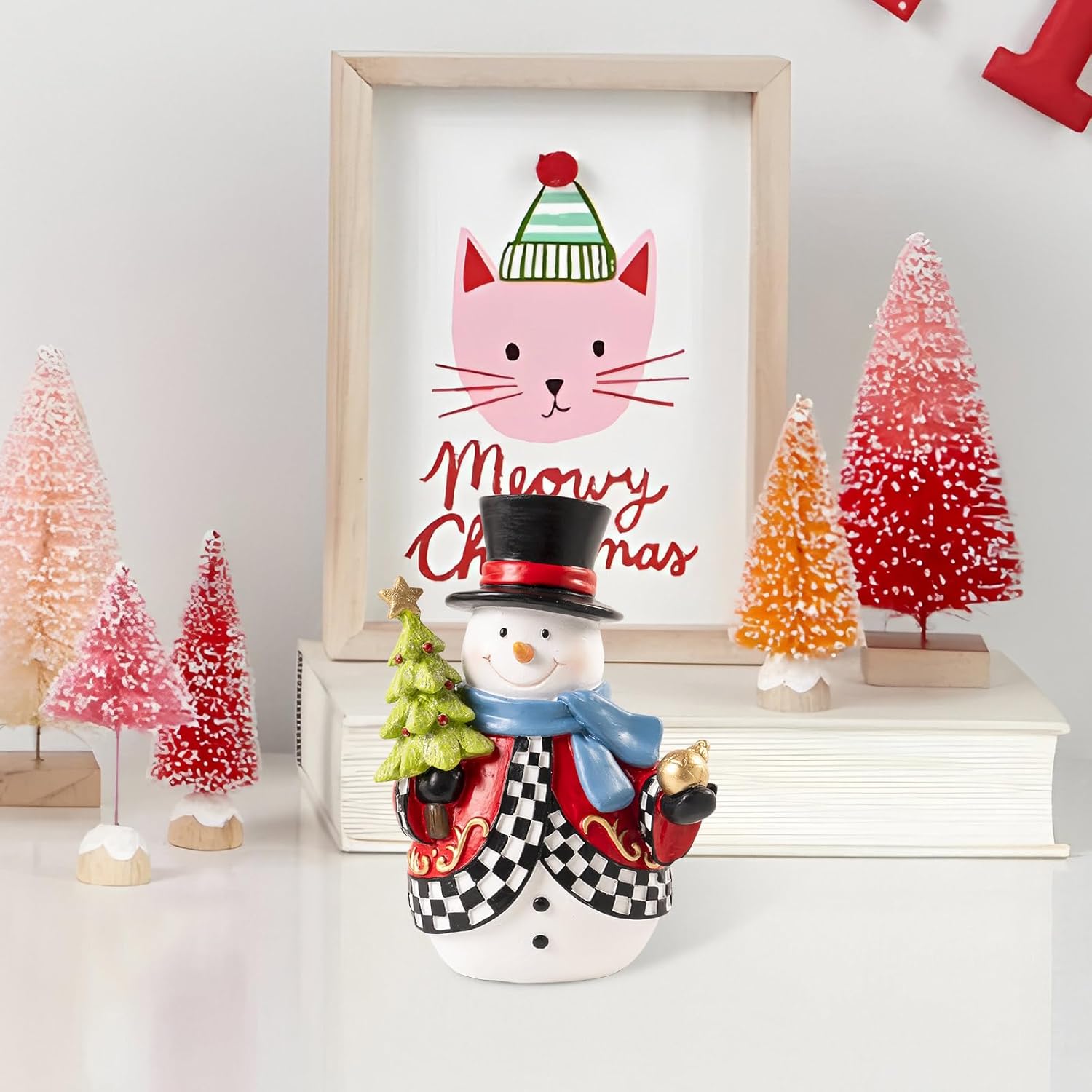 Snowman Figurines - 7.1x4.9 Inch Resin Christmas Decorations | Black and White Checkered Indoor Decor