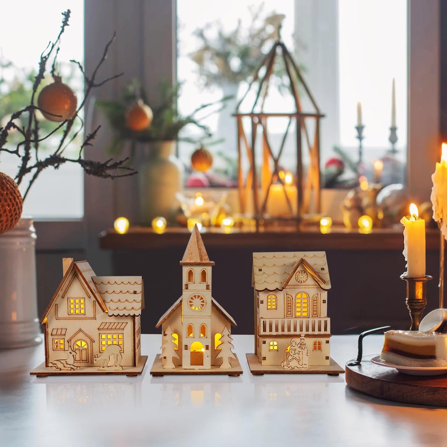 NUOBESTY Christmas Village Ornaments - 3pcs LED Luminous Wooden Houses | Festive Light Brown Decor