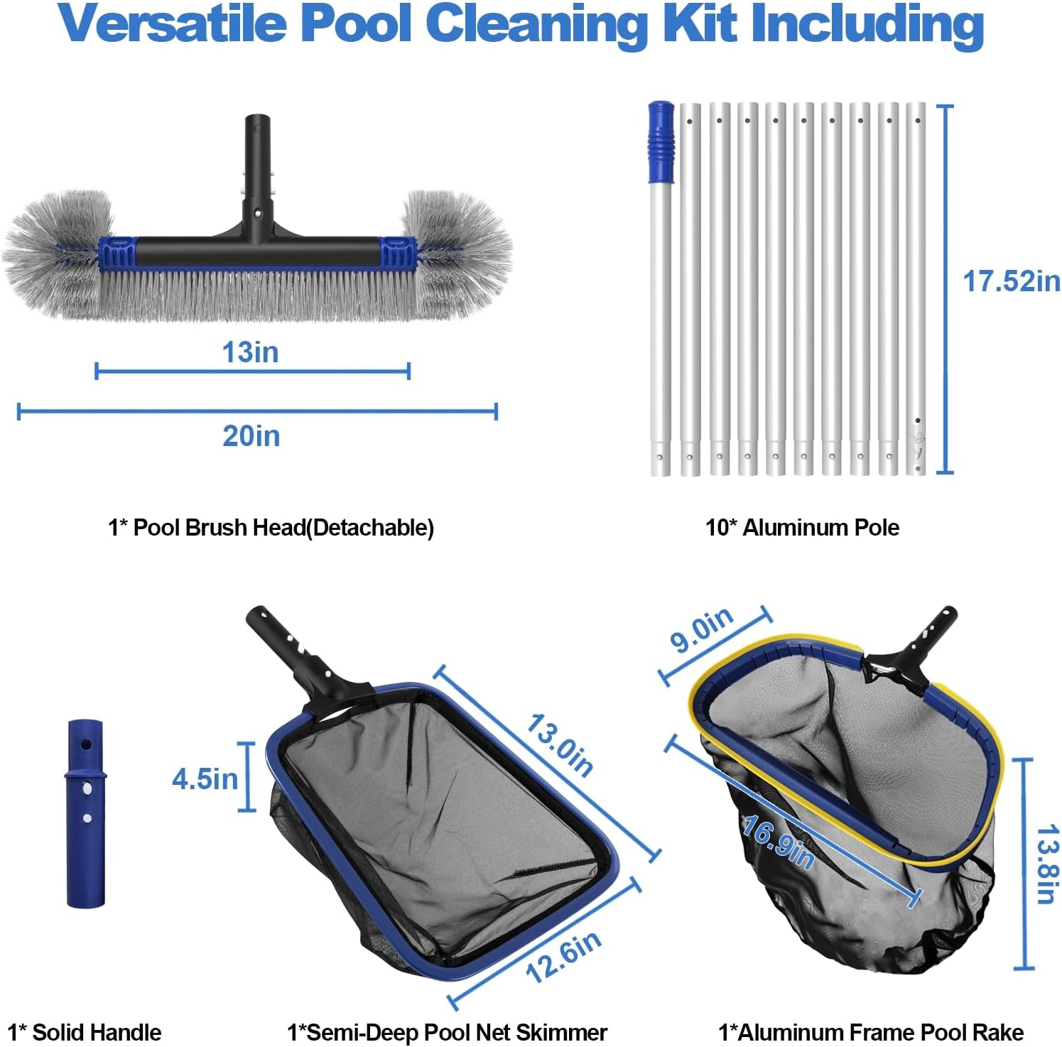 Poolvio 5-in-1 Pool Cleaning Kit - Semi-Deep Skimmer Net, Aluminum Leaf Rake & 20' Brush with 13' Pole