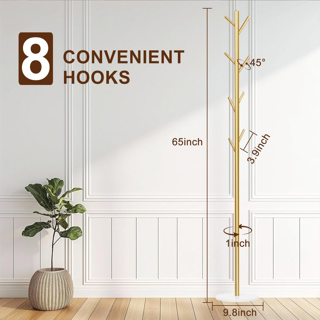 Wtiujhg Coat Rack, Metal Freestanding Coat Rack with 8 Hooks, Sturdy Coat Tree with Natural Marble Base for Coats, Hats, Scarves and Handbags for Entryway, Hallway, Bedroom, Office,Dorm (Gold)