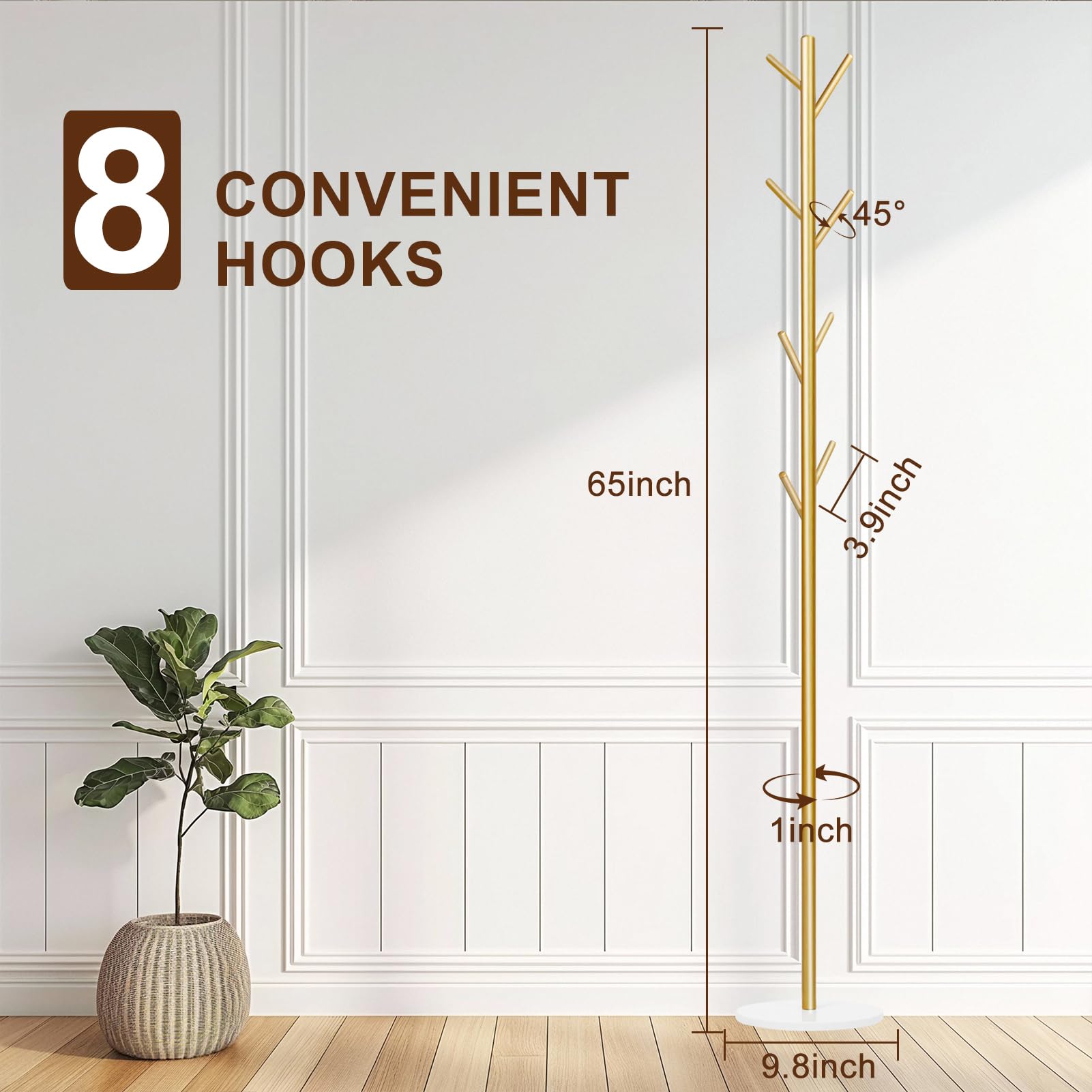 Wtiujhg Coat Rack, Metal Freestanding Coat Rack with 8 Hooks, Sturdy Coat Tree with Natural Marble Base for Coats, Hats, Scarves and Handbags for Entryway, Hallway, Bedroom, Office,Dorm (Gold)