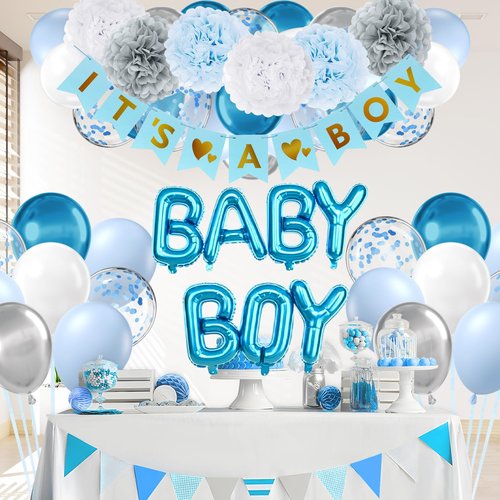Blue Baby Shower Decorations with Grey Paper Pom Poms Metallic Silver Light Blue Balloons Banner for Gender Reveal Baby Shower Birthday Party Decorations