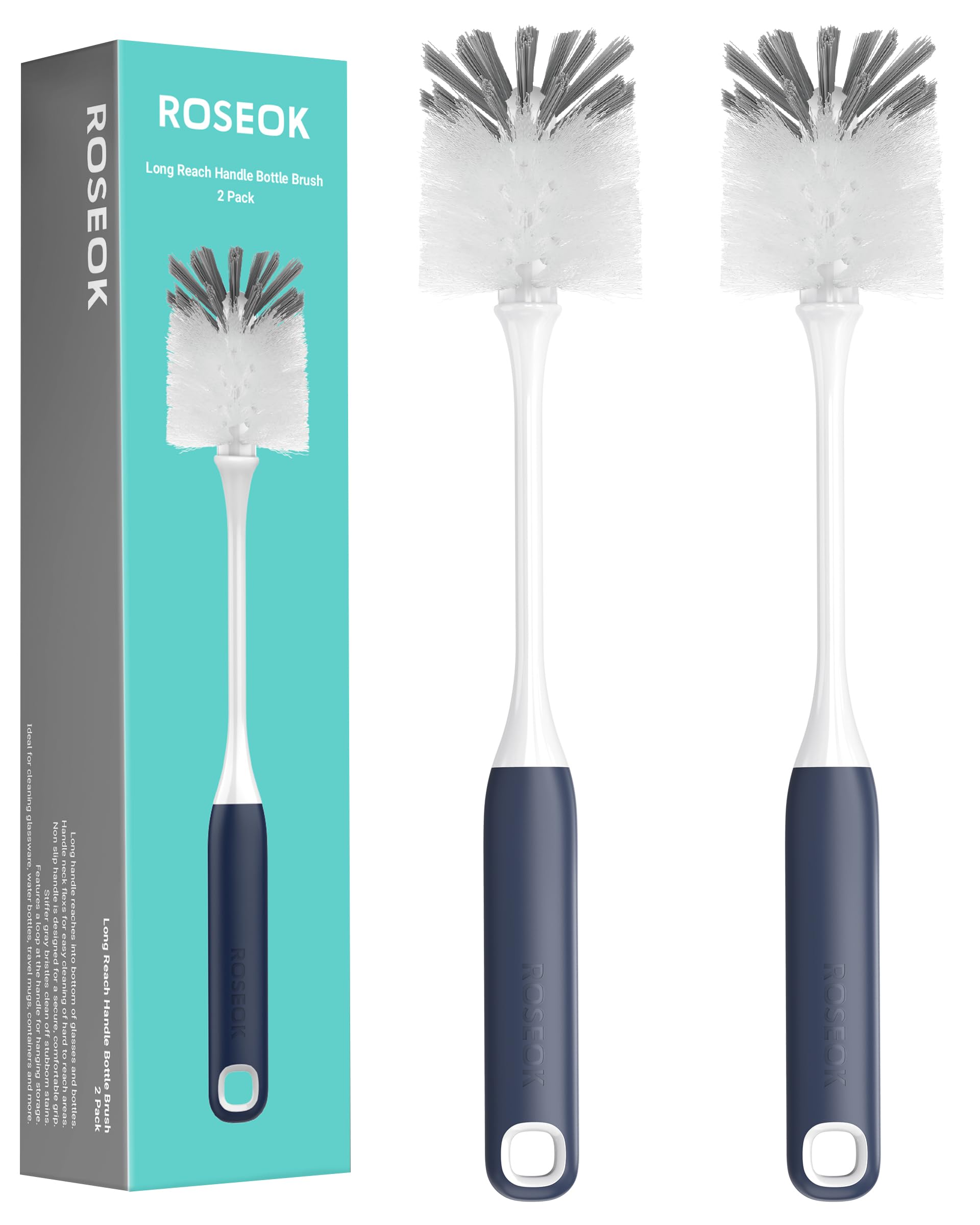 ROSEOK Long Handle Water Bottle Brush,Flexible Bottle Brush for Cleaning Milkshake Cup,Sports Bottle,Navy Blue,2 Pack