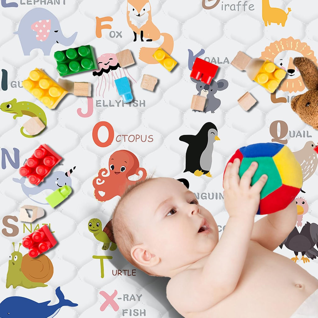 Skiennix Baby Play Mat - Thick, Soft, Non-Slip 50" x 50" Crawling Mat for Infants & Toddlers | Machine Washable, Animal Alphabet-A