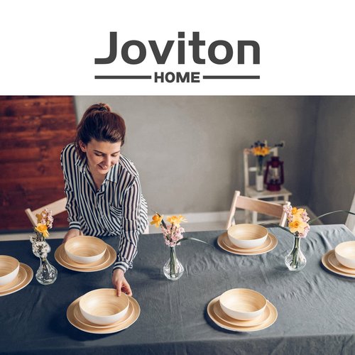 Joviton Home 18PCS Bamboo Swirl Melamine Plastic Dinnerware Sets for 6, Plates and Bowls Sets (Light Bamboo)