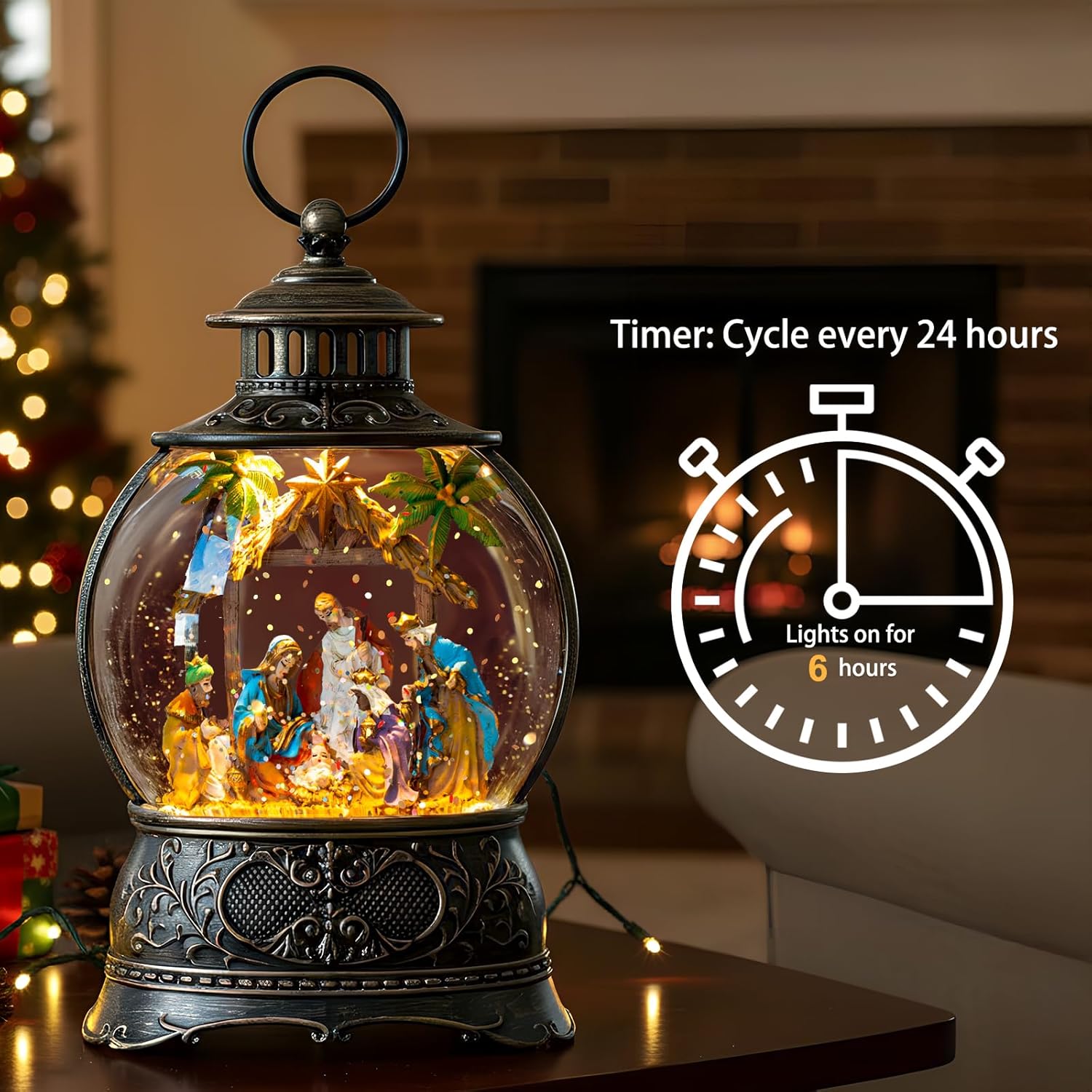 Skiennix Christmas Snow Globe Lantern - Musical Holy Family Nativity Scene | 6-Hour Timer, USB & Battery Operated