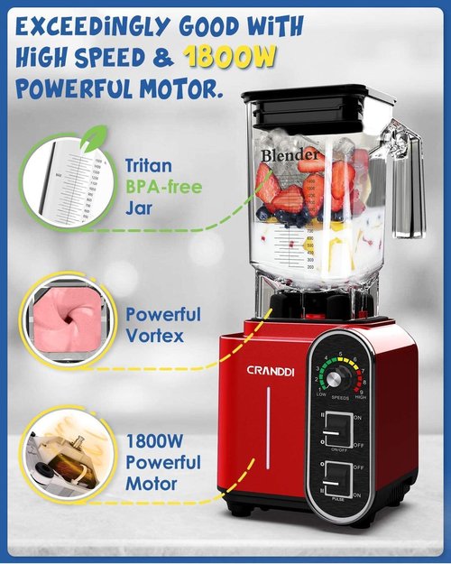 CRANDDI Smoothie Blender - 1800 Watt Professional Blender with 52oz Capacity, Stainless Steel Blade & Self-Cleaning | K98C Red