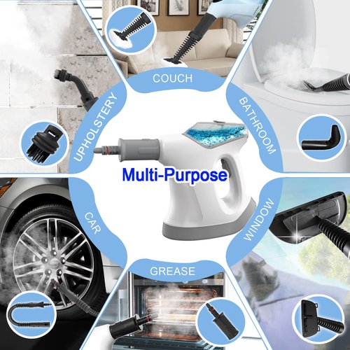 Handheld Steam Cleaner, 10S Immediate Heat Hand Held Steam Cleaner for Home, with Visualized Large Water Tank & 9 PCS Accessories & Safety Lock, for Window,Car,Kitchen,Couch,Floor (WHITE+GRAY)