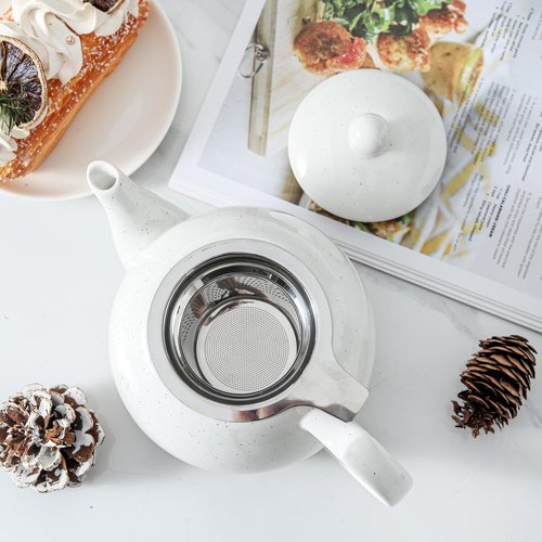 HVH 34 oz Porcelain Teapot with Stainless Steel Infuser, Ceramic Tea pot with Infuser for Loose Tea, Enough For 6 Cups, High Tea Series, Farmhouse Style (White)