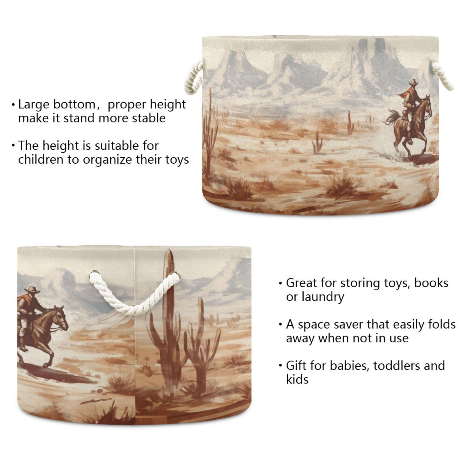 YETTASBIN Western Desert Cowboy Cotton Rope Basket Large Round Baby Laundry Basket Toy Blanket Books Storage Bin for Bedroom Bathroom Nursery Home Decor, 20 x 14 Inch