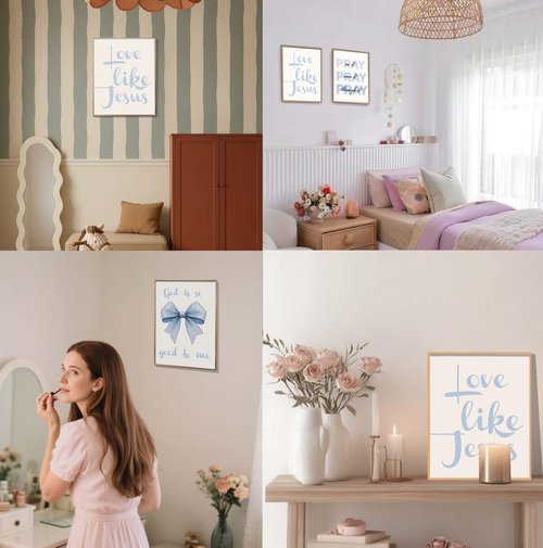 EVER-GOING TUNE Gray Blue Jesus Wall Decor Set of 4 - Inspirational Bible Verse Art for Girls' Bedrooms | 8x10 Unframed