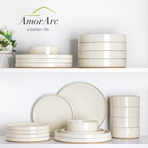 AmorArc Ceramic Dinnerware Set for 6 | Speckled Stoneware Plates and Bowls with Rustic Terracotta Underside| Scratch Resistant,Dishwasher & Microwave Safe Dishes Sets- 18pcs