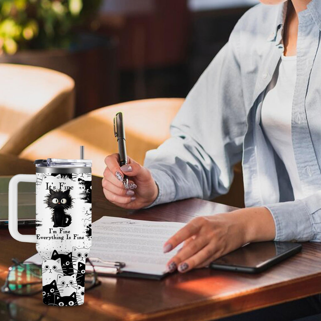 CGMIBAS Cat Lover Gifts, Gift for Cats Lovers Women Men Girls Funny 30oz Black Cats Themed Tumbler Cups with Handle - Everything Is Fine Mug, Christmas Birthday Gift for Black Cat Mom Lady Gifts Cup
