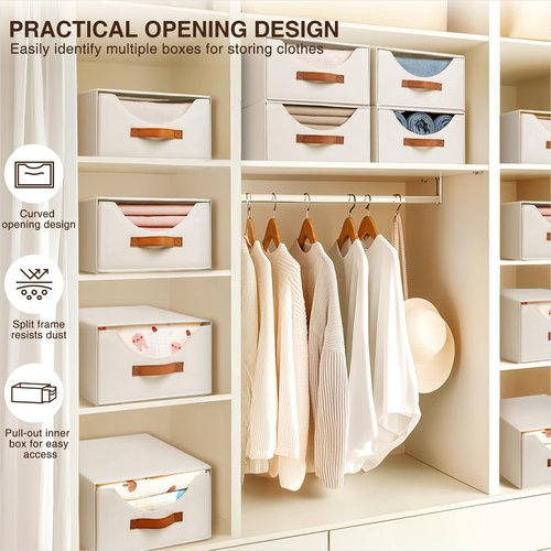 Homsorout Stackable Storage Drawers - Collapsible Storage Bins with Drawers, 4 Pack Closet Shelf Organizer Basket, Fabric Pull Out Organizer for Bedroom, Living Room, Dorm, Beige