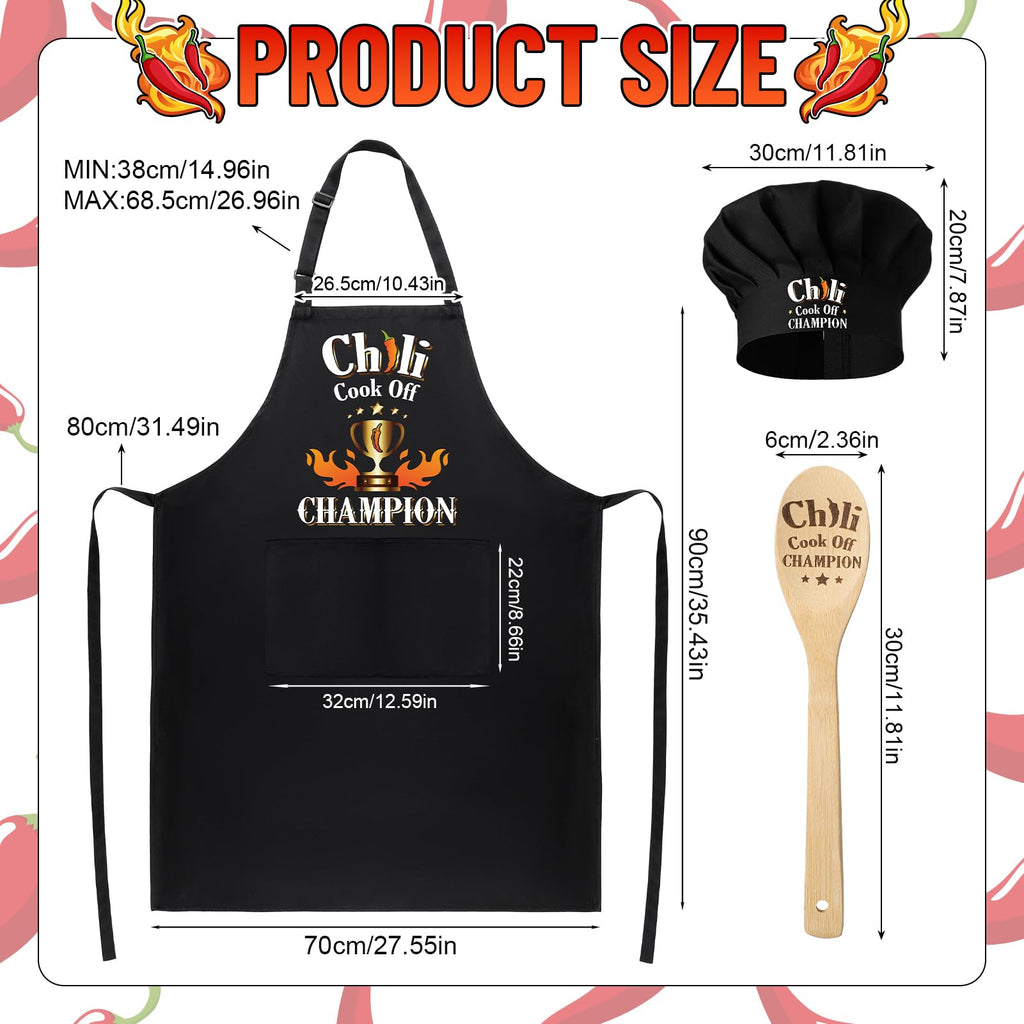 XLSXEXCL 3 Pcs Chili Cook-off Prizes, Funny Chili Cook-Off Champion Apron Adjustable Chili Cook-off Champion Hat Chef Hat and Wood Spoon, Funny Chili Cook-off Trophies Gifts for Chili Festivals