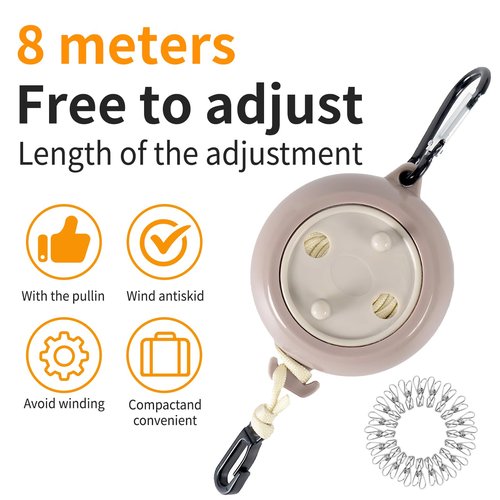 Portable Travel Clothesline Cord, Adjustable 33ft Camping Clothes line, Laundry Drying Rope for Hotel Trip,Camping,Backyard,Outdoor/Indoor, Grey