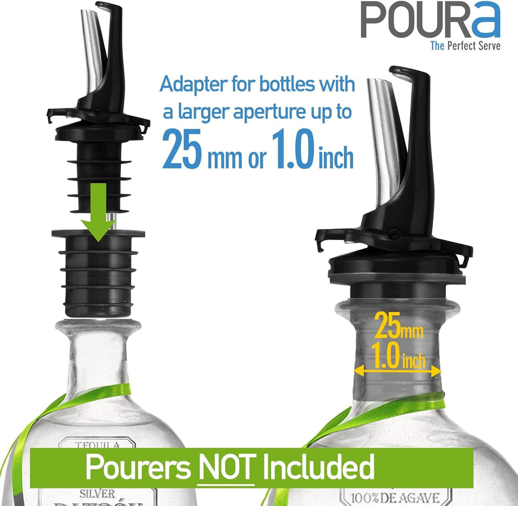 Poura Liquor Pourer Adapters 6 Pack – BPA-Free Natural Rubber – Fits Large Bottles up to 1 Inch Neck – Convert Oil or Liquor Pour Spouts – Secure Fit for XL Bottles – Black
