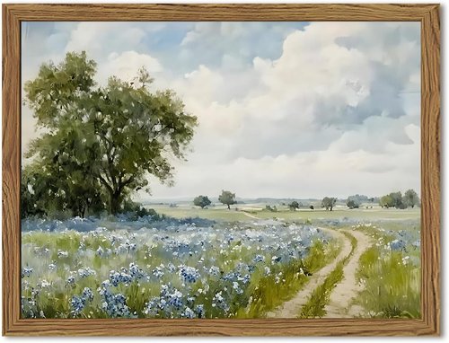 Framed Vintage Canvas Wall Art - Rustic Country Landscape Wildflower Field Decor | 8x10 Inch
