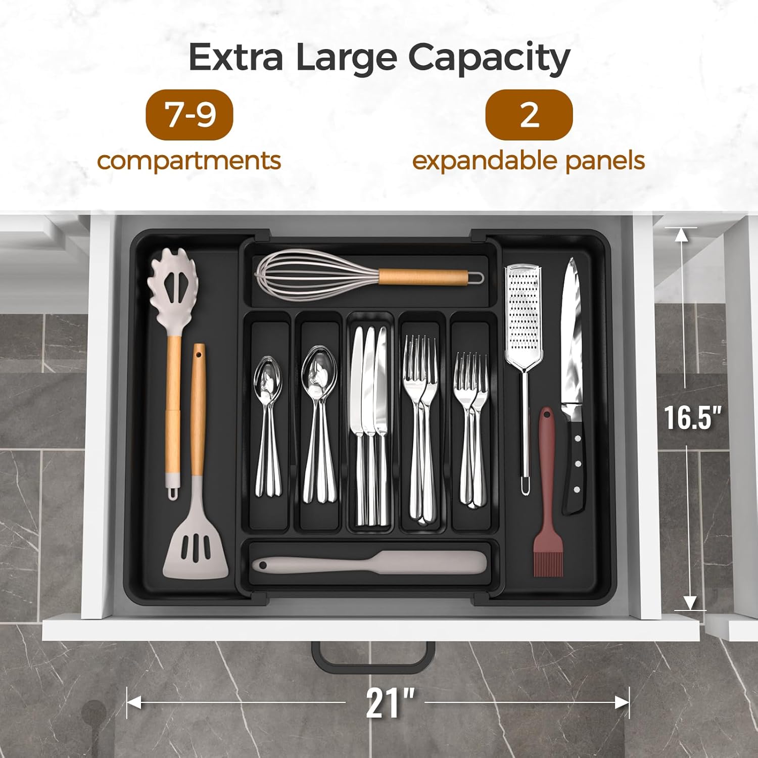 Ukeetap Extra Large Expandable Silverware Organizer - BPA-Free Cutlery Drawer Holder | Adjustable Black Design