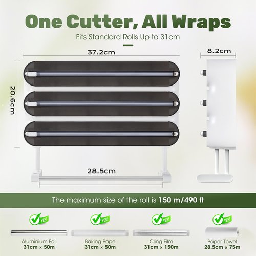 Quasziwa Aluminum Foil & Plastic Wrap Dispenser with Cutter - Magnetic & No-Drill Wall Mount, Cling Film Dispenser with Paper Towel Holder, Space-Saving 4-in-1 Kitchen Organizer - Fits 12" Roll, Black