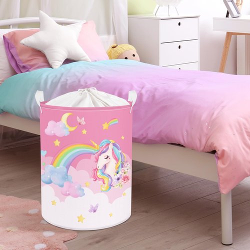 Clastyle 45L Pink Unicorn Laundry Basket for Girls Round Rainbow Kids Laundry Hamper Moon Stars Flower Cloud Toy Clothes Storage Basket
