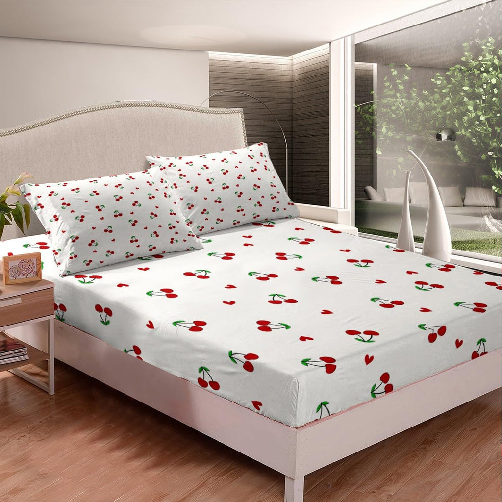 Feelyou Kids Red Cherry Sheet Set Queen Size, Cherry Pattern Bed Sheets Set Boys Girls Cute Fruit Sheets with Deep Pocket Fitted Sheet Kawaii Cartoon Fruit Bedding Set with 2 Pillow Case