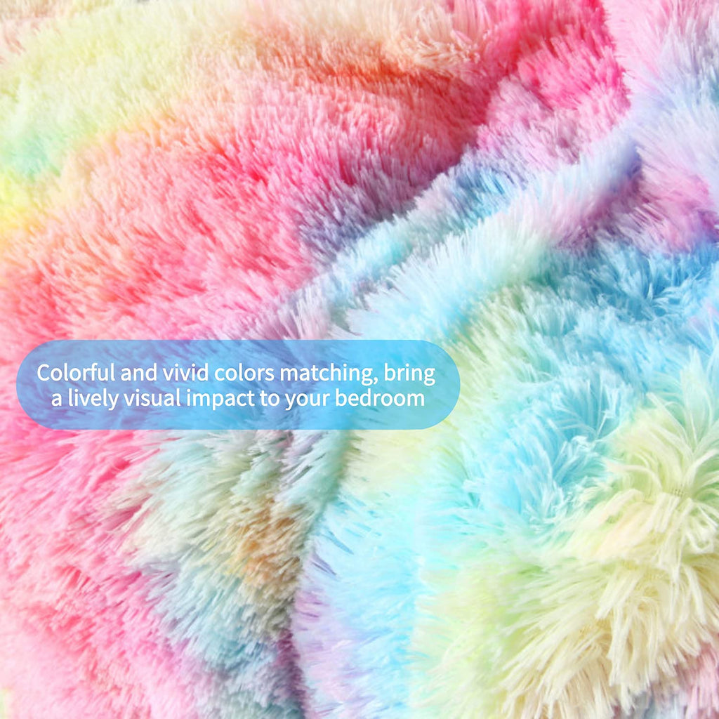 RYNGHIPY 3Pcs Rainbow Girls Bedding Sets Twin Size Ultra Soft Long Hair Plush Shaggy Duvet Cover with Pillowcases Colorful Tie Dye Bedding Set with Hidden Zipper Closure (Colorful Pink,Twin)