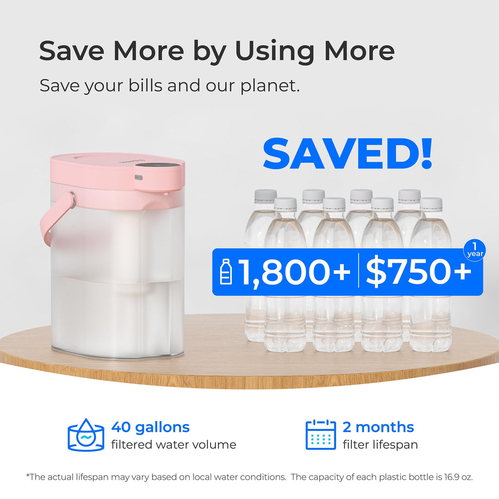Waterdrop FreshTaste Electric Water Filter Pitcher, Rechargeable Powerful Dispenser, 17-Cup Instant Countertop Purifier, Reduce Chlorine, Lead, Copper, Purify, Soften Water, Pink, Does not Lower TDS