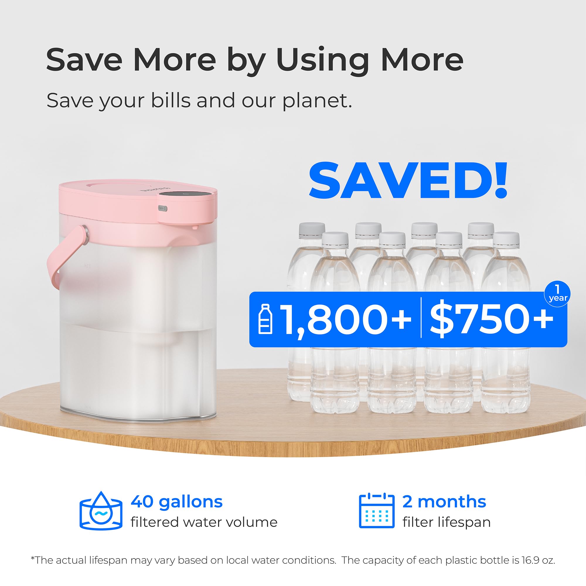 Waterdrop FreshTaste Electric Water Filter Pitcher, Rechargeable Powerful Dispenser, 17-Cup Instant Countertop Purifier, Reduce Chlorine, Lead, Copper, Purify, Soften Water, Pink, Does not Lower TDS
